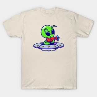 Cute Alien Holding Gun On UFO Spaceship Cartoon T-Shirt